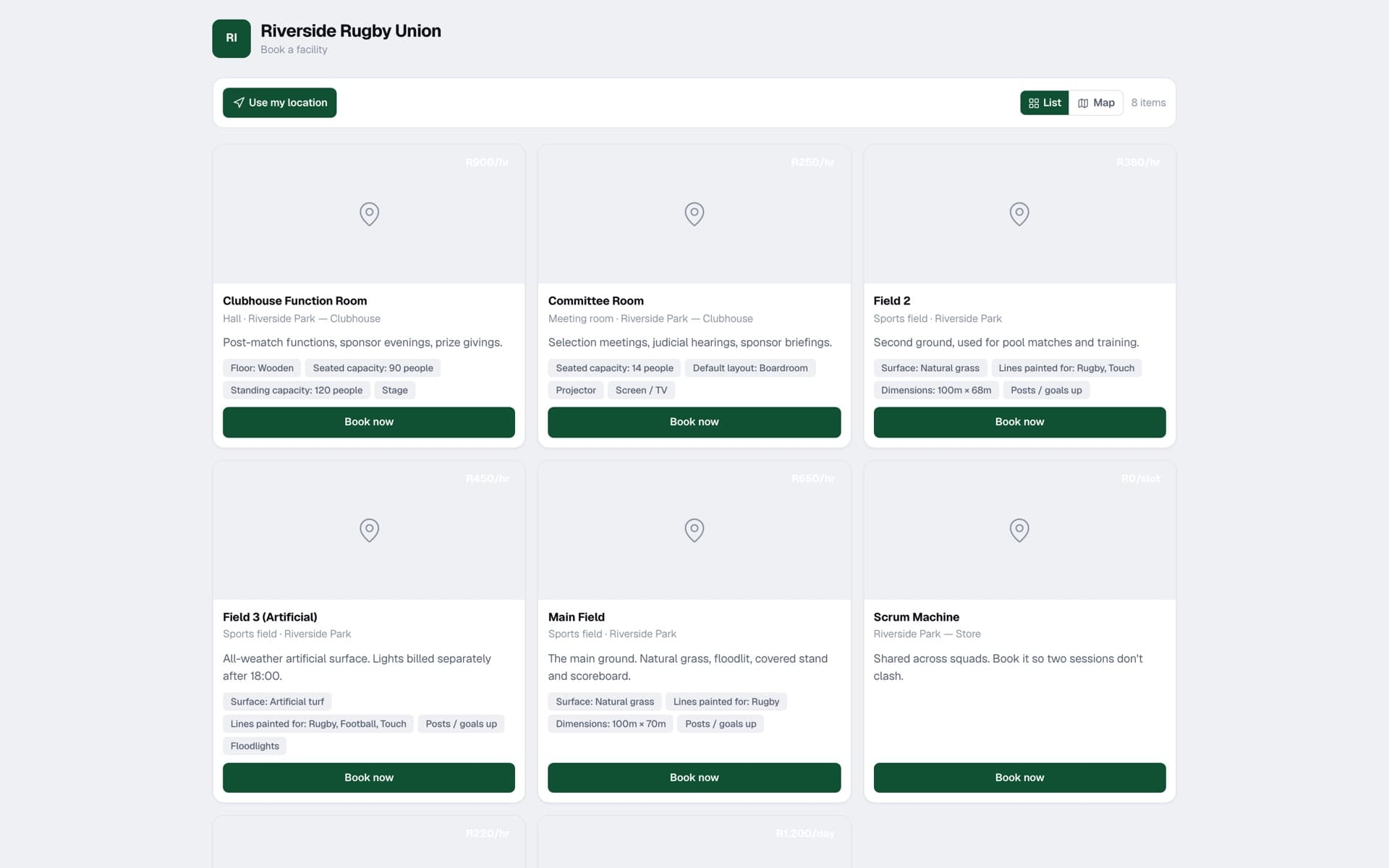CorFacilities public booking page under a club's own branding: bookable items with photos, attributes, prices and a map.