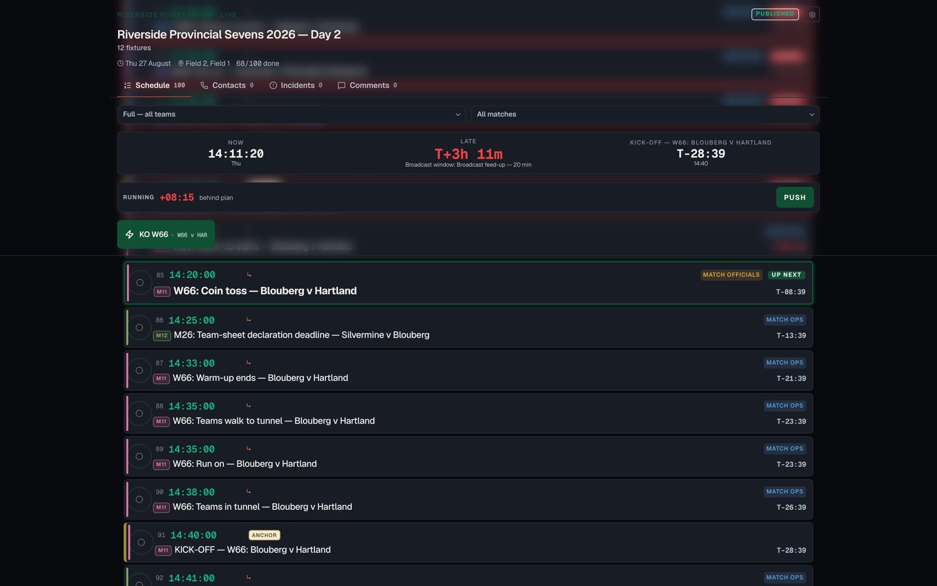 CorRunsheet live view: the running order with a countdown on every row, the next item at the front of the queue, and how far ahead or behind the day is.